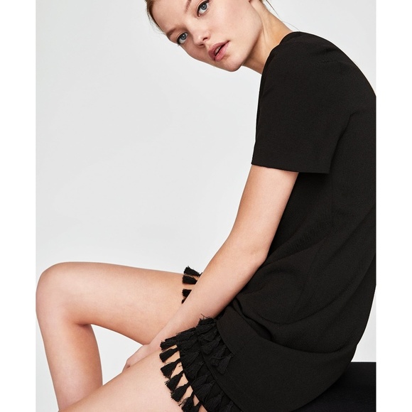 Zara Black Mini Dress with Pom Poms Tassle - Picture 3 of 6